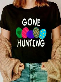 Gone Easter Egg Hunting Tshirt Happy Easter Shirt Girls Printed T-Shirt, Short-Sleeved Crew Neck Casual Top, (Color: Black, size: XXXL)