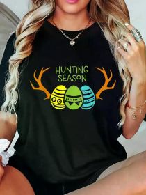 Women's Easter Hunting Season T-Shirt | 100% | Casual Crew Neck | Short Sleeve | Multi-Color Egg & Antler Graphic | Medium Stretch Knit Fabric (Color: Black, size: L)