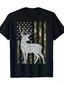 Camo USA Flag Deer Elk Buck Camoflage Hunting Hunter Gift T-Shirt (Color: Black, size: M)